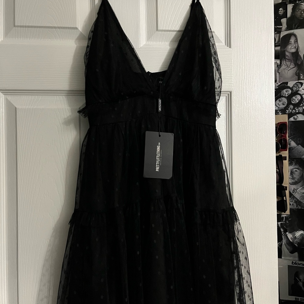 small prettylittlething black polka dot mini dress